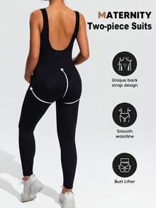 SHEIN Maternity Casual Solid Color Elastic Round Neck Jumpsuit,Word Cup - Black - View 8