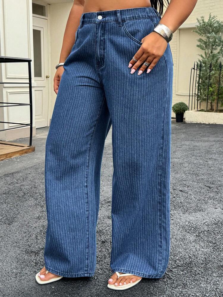 Dazy Plus Striped Textured Loose Casual Street Style Western Cowgirl Clothing, Plus Size Women Long Jeans, All Season