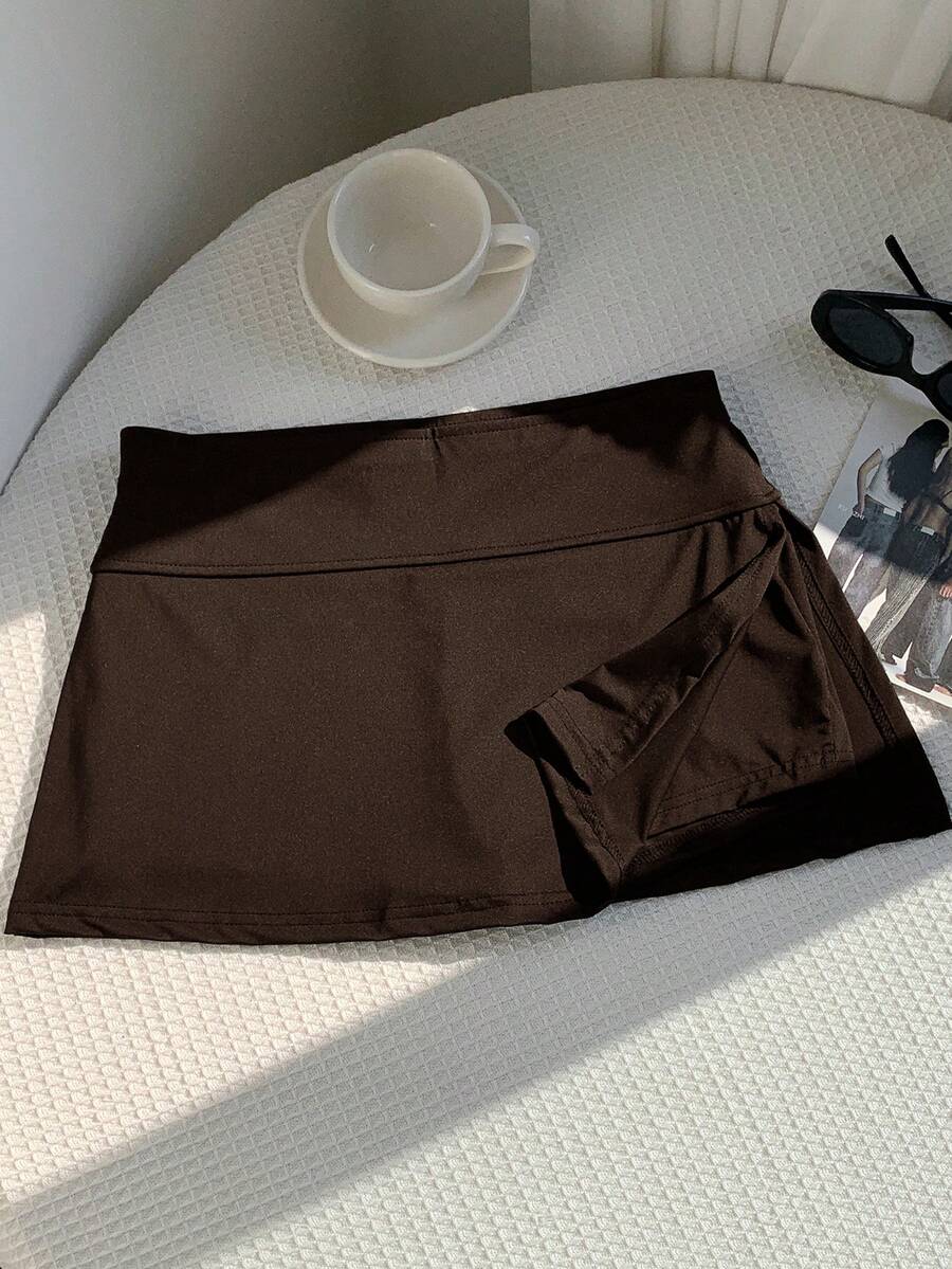 SHEIN EZwear Women's Casual Solid Color Skort, Minimalist Versatile For Daily Commute, Summer - Chocolate Brown - View 1