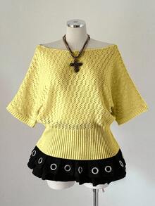 SHEIN Sweetro Áo dệt kim tay ngắn phong cách Y2K tối màu, thanh lịch, thời trang dành cho nữ cỡ lớn, phù hợp cho trang phục đi làm mùa xuân, hè, thu. - Vàng nhạt - Xem 1