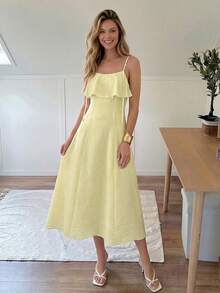 Easowa Đầm slip dáng chữ A xòe rộng, eo bèo nhún, kiểu dáng thanh lịch, thoải mái, phù hợp cho công sở, phong cách vintage, mùa hè dành cho nữ. - Màu vàng ngỗng - Xem 3