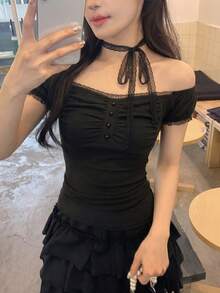 DAZY 女士优雅蕾丝系带短袖T恤，春秋季 - 黑色 - 查看 2