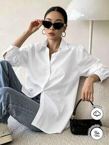 Mulvari Áo sơ mi cổ bẻ tay dài kiểu công chúa cài cúc phía trước, kiểu dáng thường ngày. - trắng - Xem 3