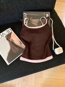 SHEIN Franclia Áo hai dây nữ 2 trong 1, kiểu dáng thường ngày, đa năng. - màu nâu - Xem 5