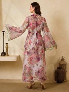 Al Najma Women's Floral V-Neck Flare Sleeve Elegant Arabic Style Dress - Watermelon Pink - View 3