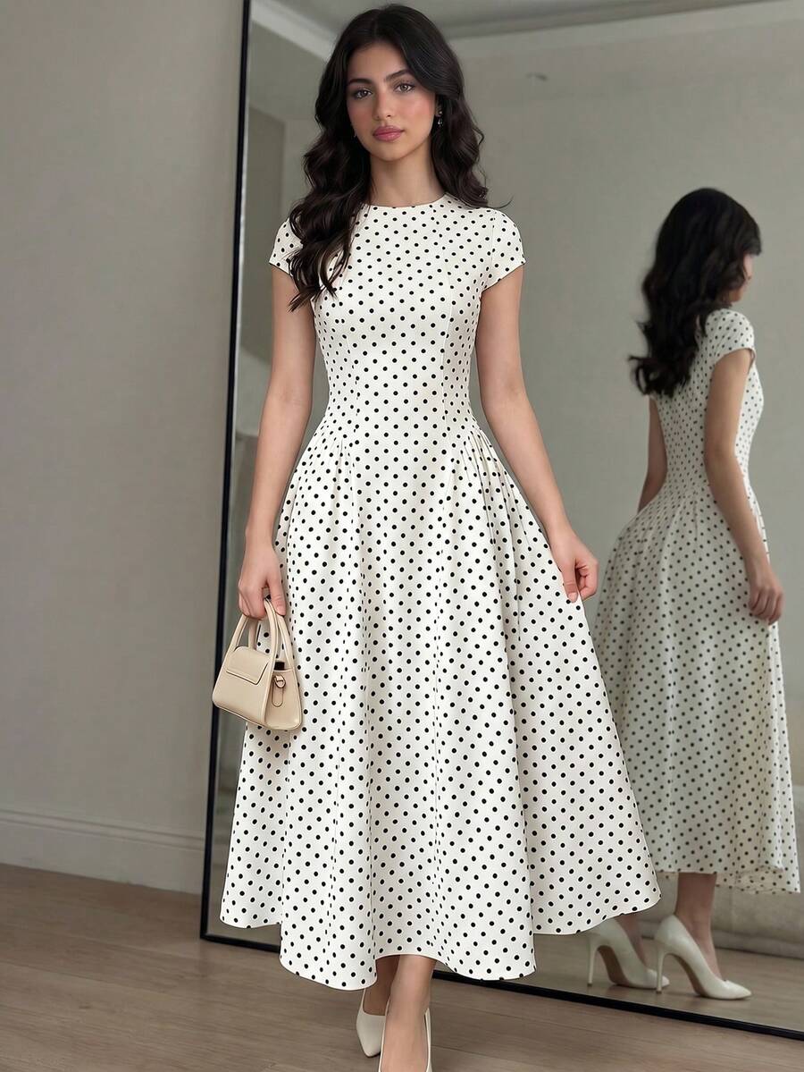 SHEIN 少女波点印花立领短袖休闲优雅针织连衣裙 - 白色 - 查看 1