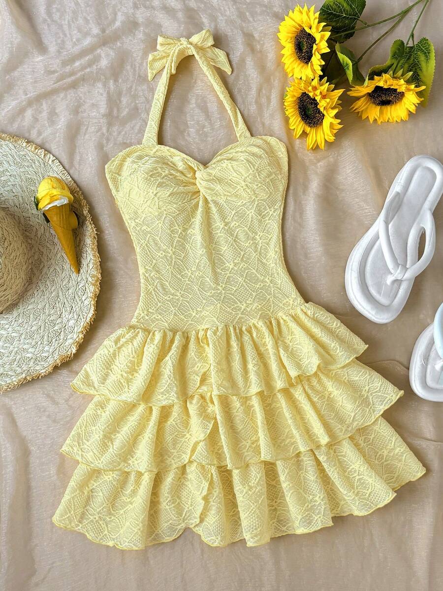 少女度假迷你连衣裙，胸部采用弹性褶皱设计，系带领口，蝴蝶结装饰，层叠褶皱，可内搭或外穿，夏季连衣裙，纯白色连衣裙 - 黃色 - 查看 1