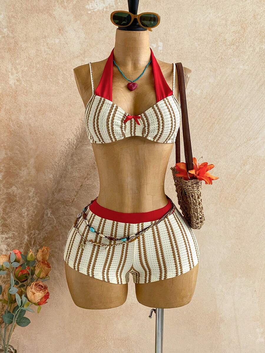 Soleia Women's Vacation Beach Striped Backless Halter Top And Shorts 2 Pieces Set - Multicolor - View 1