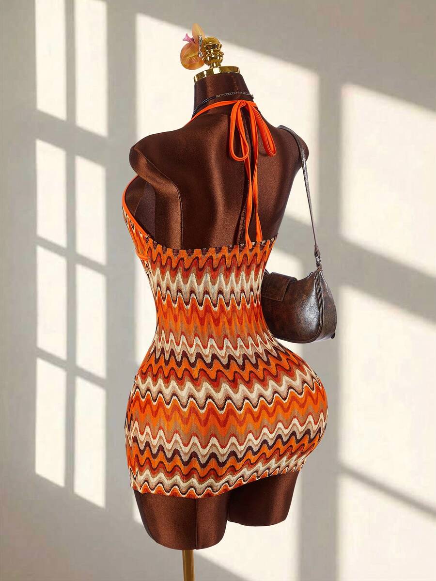 Women's Minimalist Print Halter Tie Neck Mini Dress - Orange - View 1
