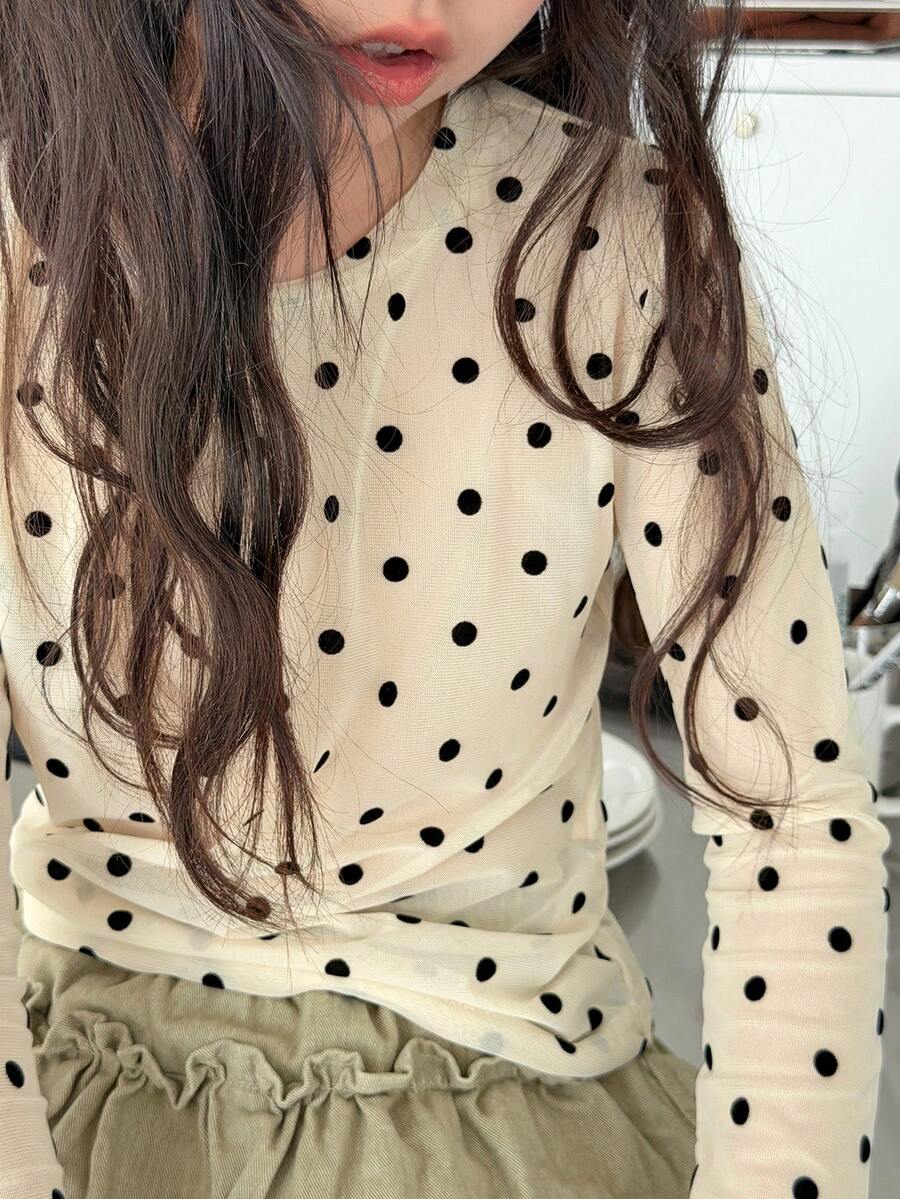 DAZY Camiseta de cuello redondo con lunares para niñas preadolescentes - Beis - Ver 1