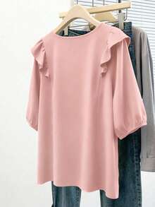 GlowEve CURVE Plus Size Women Solid Color Patchwork Ruffle Hem Loose Blouse - Pink - View 2
