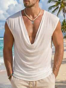 VENTUSAIL Men's Sleeveless Shirt, Scoop Neck Design, Casual Vacation Style, White - White - View 3