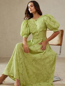 BELROSIE Elegant Tea Party Golf Floral Chiffon Maxi Dress, Round Neck Front Button Decor Faux Pocket Puff Sleeve Flared Dress For Party, Commute - Green - View 6