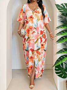 SHEIN Lady 大码V领印花宽松夏季连衣裙 - 彩色 - 查看 4