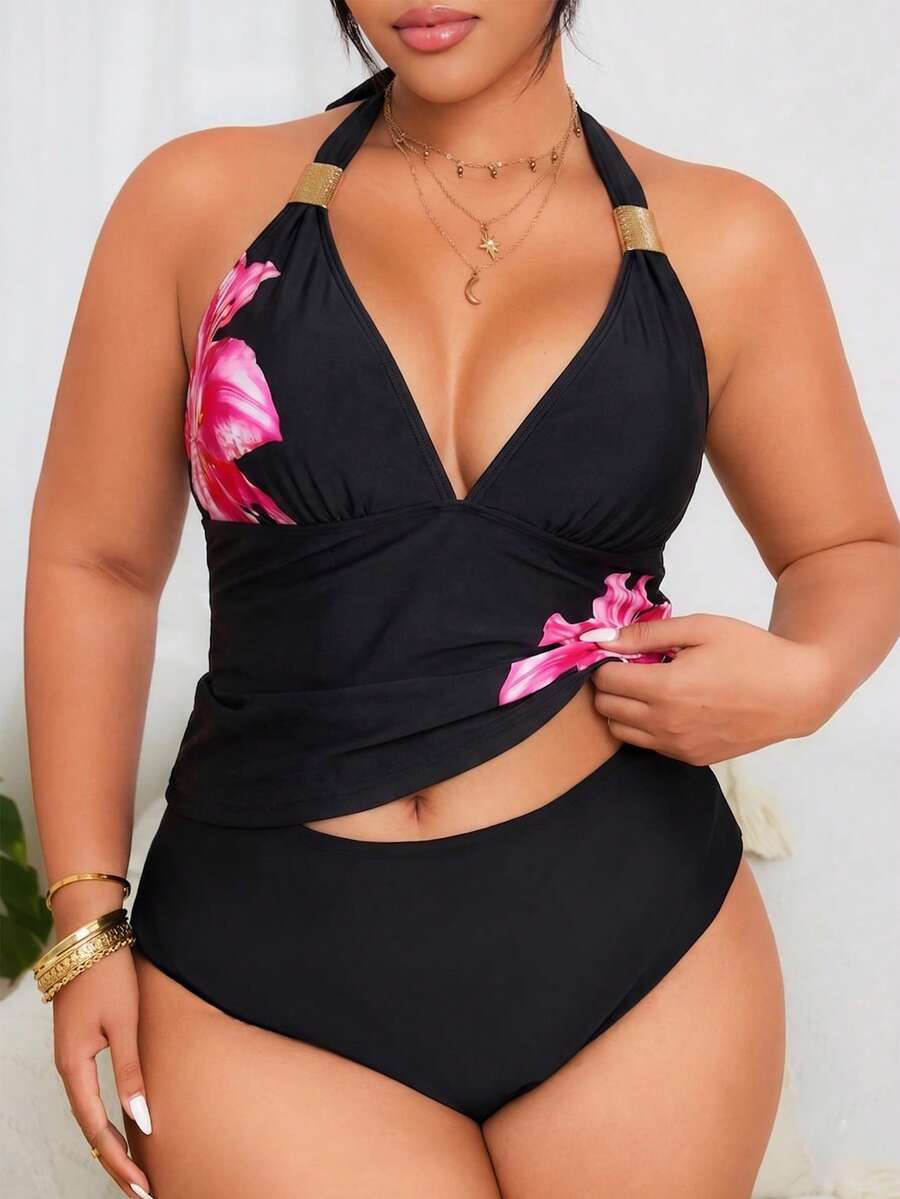 Swim Lushoire 大码女式豹纹露背吊带性感比基尼套装，两件式泳衣 - 黑色 - 查看 1