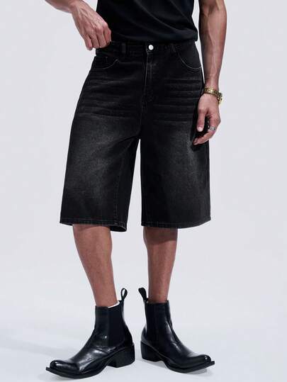 NobleFwd Shorts Denim Casuais Soltas Lavadas Pretas Masculinas, Estilo Urbano Descontraído
