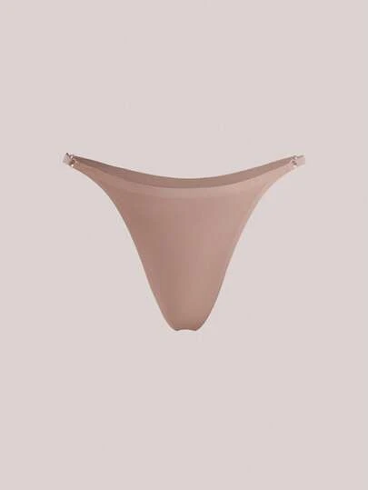 Veilyse Women's Khaki Knitted Fabric Plain Casual Thong Panties With Ring Detail High Stretch
