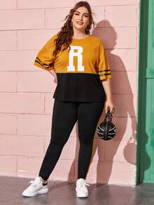 Mulvari Plus Two Tone Letter Graphic Top & Contrast Sideseam Leggings Set - Mustard Yellow - View 4