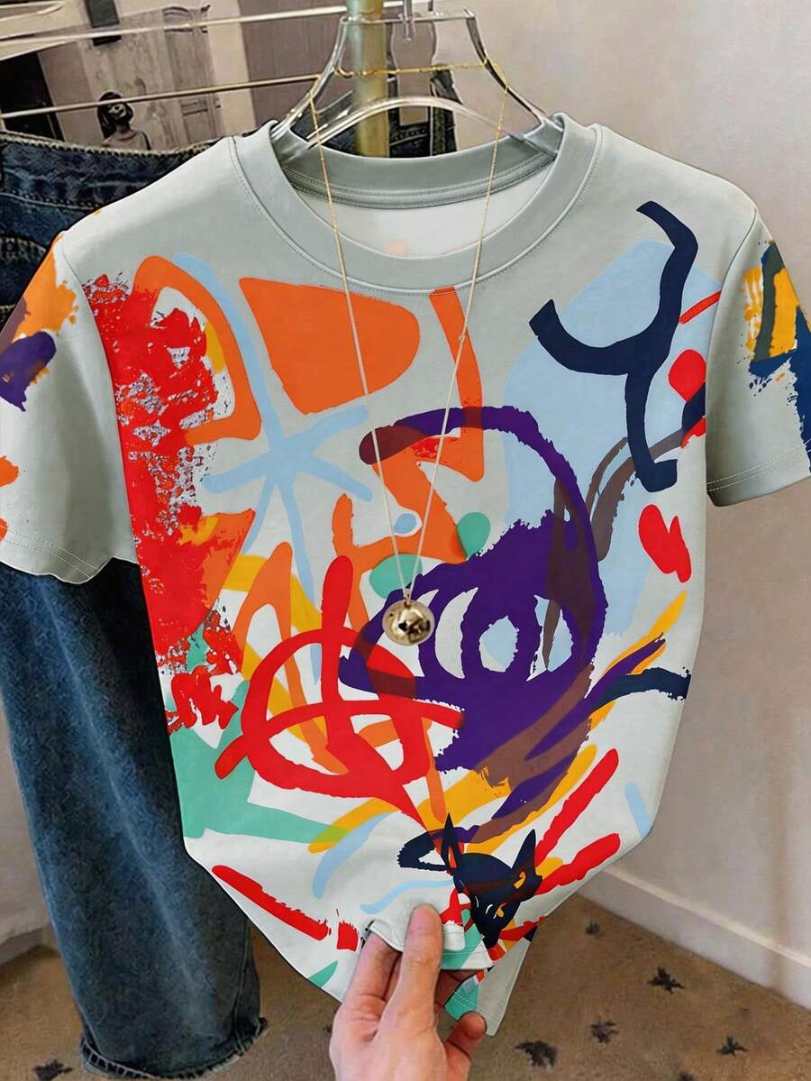 Resyla Hàng mới về mùa hè, thiết kế họa tiết graffiti đầy màu sắc cá tính, kiểu dáng tối giản thoải mái, dễ mặc, áo thun nữ dáng regular fit cho hoạt động ngoài trời, mua sắm, họa tiết mới lạ thời trang. - Nhiều màu - Xem 1