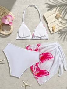 SHEIN 少女三件套比基尼，百合印花挂脖三件套泳衣，新款夏季款式，亲肤速干。三角罩杯+系带纱笼设计，高腰全包臀版型。时尚沙滩泳池装，打造清新甜美造型的必备单品。适合游艇巡航、女孩游轮派对、女孩夏季穿搭。 - 白色 - 查看 2