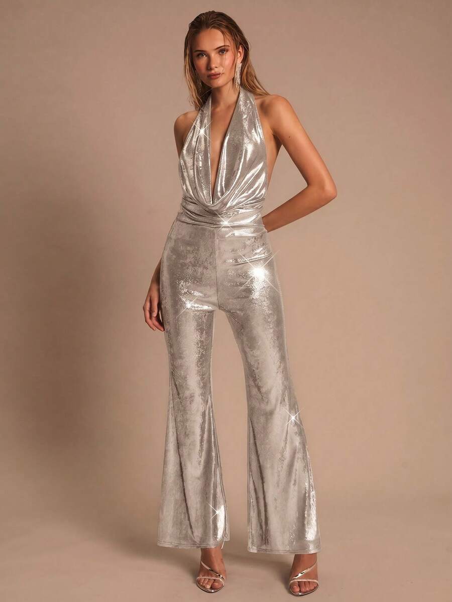 SHEIN Glamour 女士超低胸垂褶领口系带腰身性感露背喇叭裤连体裤 - 米色 - 查看 1