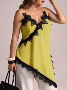 Elegantrix Plus Size Women Urban Casual Lace Asymmetric Hem V-Neck Patchwork Solid Color Camisole - Yellow - View 2