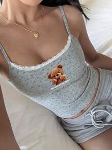 CovetEZ Grey Casual Women's Bear Print Lace Patchwork Camisole Top - Grey - View 2
