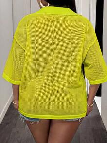 Slaydiva Loose Fit Solid Color V-Neck Drop Shoulder Hollow Out Knit Casual Blouse For Plus Size Women, Spring/Summer - Mint Green - View 2