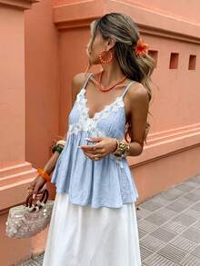 Selianne Top de tirantes de unicolor con adorno de encaje, estilo casual de vacaciones en la playa para mujer, primavera/verano - Azul - Ver 5