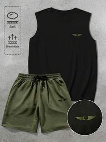 Manfinity Roughcore Conjunto de camiseta de tirantes de color de contraste para hombre, conjunto de color de contraste negro & verde, diseño minimalista de ala pequeña & logotipo, casual, deportivo, minimalista, verano, vacaciones - Negro - View 2