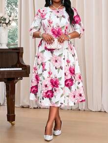 SHEIN Lady 大码女士优雅印花收腰半袖度假连衣裙，春夏款 - 彩色 - 查看 3