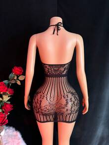 Women's Sexy Hollow Out Mesh Halter Backless Sleeveless Bodycon Mini Dress - Black - View 5