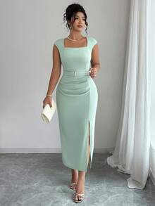Elenzga Plus Size Women's Summer Sleeveless Square Neck Ruched Metal Buckle Slit Bodycon Dress, Commuting & Office Wear - Green - View 4