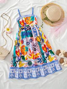 SHEIN Young Girls' Sleeveless Colorblock Allover Print Fashion Dress, Summer - Blue - View 5