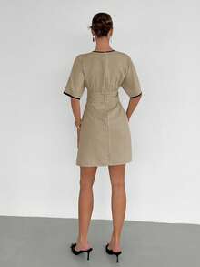 Siren Gaze Women's Summer Elegant Smart Casual Black Contrast Trim Waist Tie Front Decorative Buckle Apricot Short Dress French Style Teachers' Day Work - Apricot - View 6