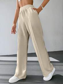 EURMUSE Solid Elastic Waist Joggers - Beige - View 3