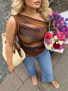 Dripcurv Plus Size Women Tie-Dye Asymmetrical Sleeveless Fitted Blouse, Romantic & Minimalist French Style - Multicolor - View 3