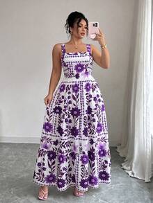 SHEIN Elenzya 大码女式紫色碎花方领收腰修身A字连衣裙，蝴蝶结系带露背休闲中长连衣裙，适合日常、通勤、度假、春夏穿着。 - 紫色 - 查看 5
