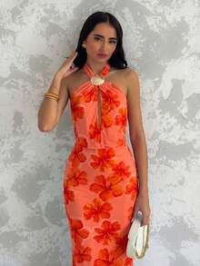 Allurite Vestido vintage sexy naranja con diseño de atar al cuello y decoración de conchas, espalda descubierta, adecuado para vacaciones en la isla, citas, festivales de música, vacaciones de verano, uso diario - Patrón floral cortado al azar - Naranja - Ver 7