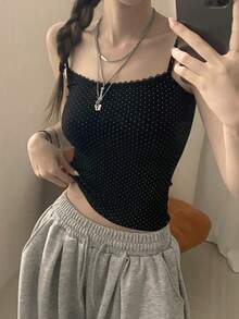 DAZY Áo hai dây ôm sát cơ thể đa năng họa tiết chấm bi phối ren tương phản dành cho nữ, thích hợp cho mùa hè. - màu đen - Xem 3