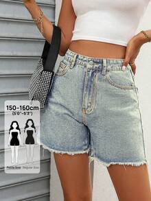 SHEIN PETITE Quần short denim nữ màu trơn, túi xéo, gấu quần rách, kiểu dáng thường ngày. - Rửa nhẹ - Xem 1