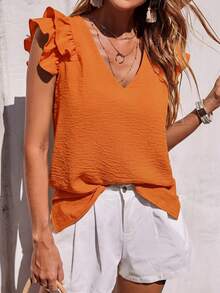 EMERY ROSE Blusa suelta de cuello en V de manga corta y textura de unicolor para el verano - Naranja - Ver 6