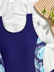 SHEIN Einteiler Badeanzug für Teenager Mädchen, digitaler Muster marineblau Palmenblatt Muster, Strickstoff, rückenfreier Seitenschlitz Einteiler mit passenden Dreieck Bikinihose und Badeshorts, modisches, lässiges, elegantes Design, geeignet für Schwimmen, Urlaub, Strand, Pool im Sommer - Verschiedenfarbig - Übersicht 4