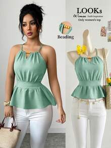 Elenzga Áo vest không tay ôm dáng thanh lịch màu xanh lá cây dành cho nữ, dây mảnh, đính hạt gỗ, thiết kế dây rút, thích hợp cho mùa xuân/hè. - màu xanh lá - Xem 3