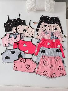 Elladie kids 6件套少女优雅夏季家居服，包括方领无袖吊带背心和配套短裤，采用轻盈休闲的睡衣面料，甜美的粉色、黑色、象牙色和浅蓝色，饰有可爱的卡通爱心、樱桃蝴蝶结图案印花，由光滑柔软的针织面料制成，穿着舒适。 - 彩色 - 查看 3