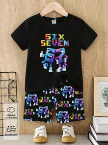 SHEIN Coolqubz 2件套男童彩色“67”SIX SEVEN设计简约风格短袖T恤和短裤套装，休闲时尚，印花图案，适合夏季户外运动，柔软舒适的男童圆领T恤+短裤套装，非常适合儿童穿着，户外活动 - 彩色 - 查看 4
