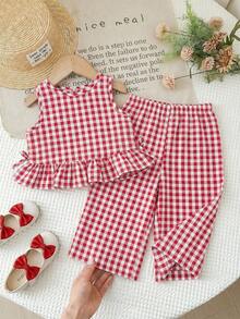 SHEIN LMoss Kids 女婴条纹圆领上衣和宽松休闲裤两件套 - 彩色 - 查看 2