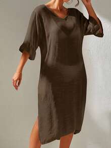 Swim Vcay Women's Solid Color V-Neck Sleeveless Cover-Up Dress For Vacation - Brown - View 6