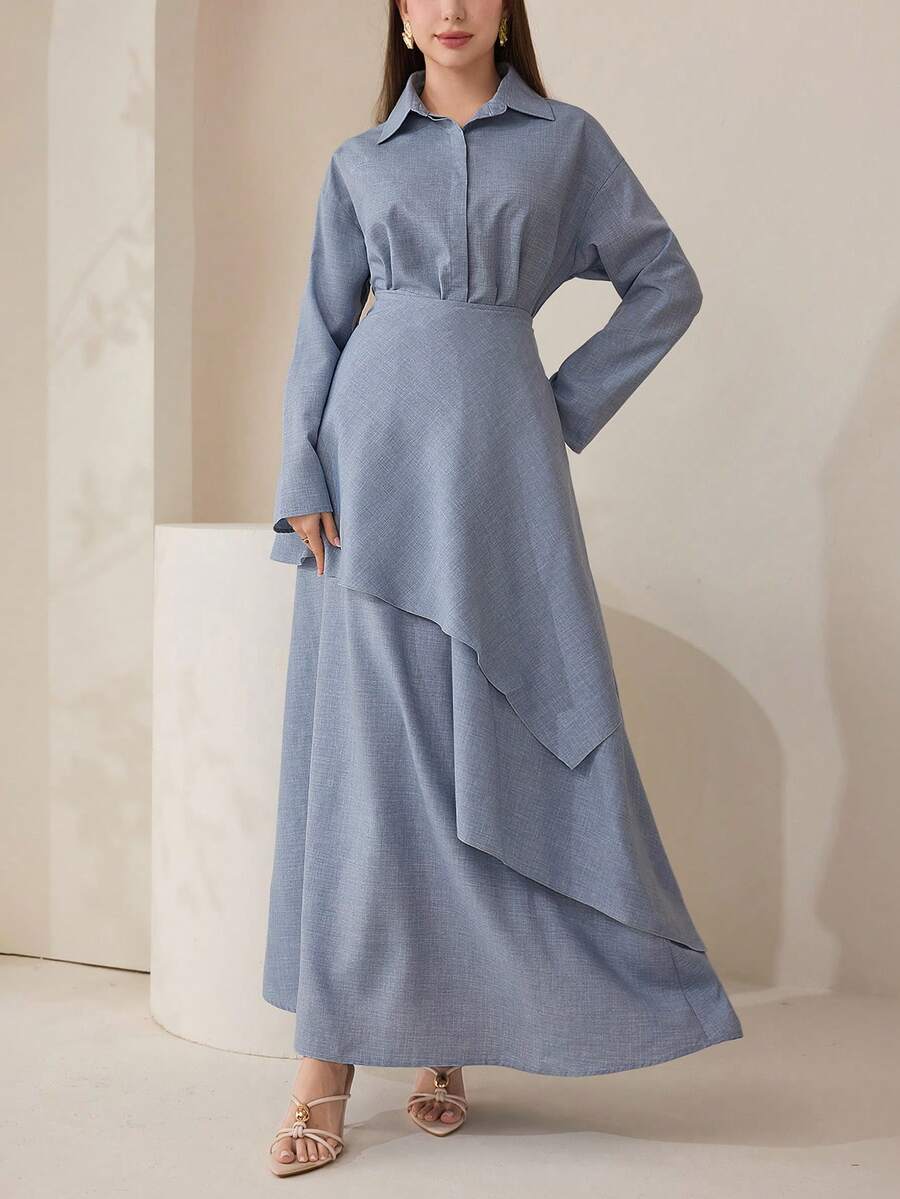 Veilorie Women's Solid Color Long Sleeve Single-Breasted Shirt And Midi Skirt Arabic Style Set Teachers' Day Golf Pastal Autumn Sexy