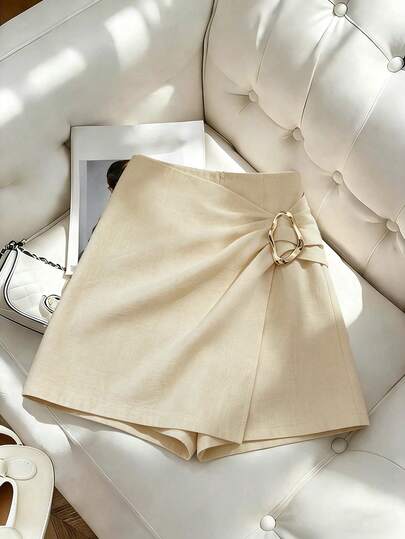 Franclia Shorts casuales de mujer con decoración metálica, shorts de playa, shorts color albaricoque